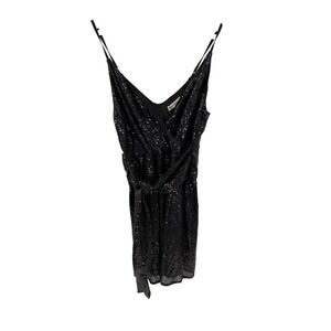 Grace Karin Black Sequin Wrap V Neck Spaghetti Strap Tie Waist Mini Dress XL